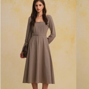 NWT RIHOAS Brown Gingham Square Neck Belted Maxi Dress